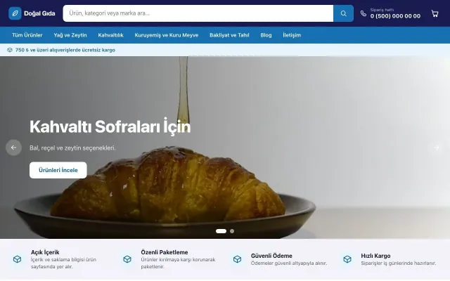 Market Lacivert Mavi – Gıda ve Organik E-ticaret Sitesi ana sayfa görünümü