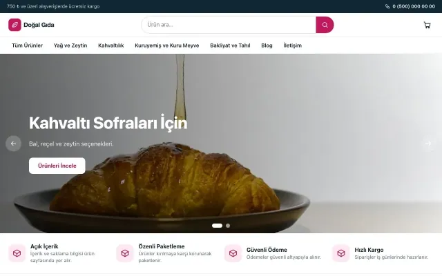 Vitrin Mavi Pembe – Gıda ve Organik E-ticaret Sitesi ana sayfa görünümü