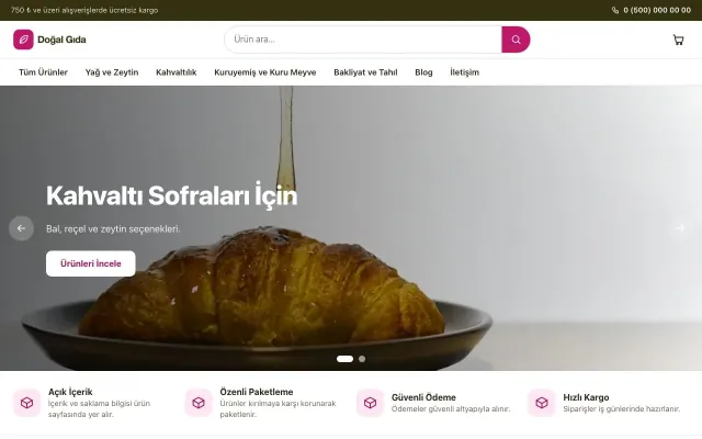 Vitrin Zeytin Pembe – Gıda ve Organik E-ticaret Sitesi ana sayfa görünümü