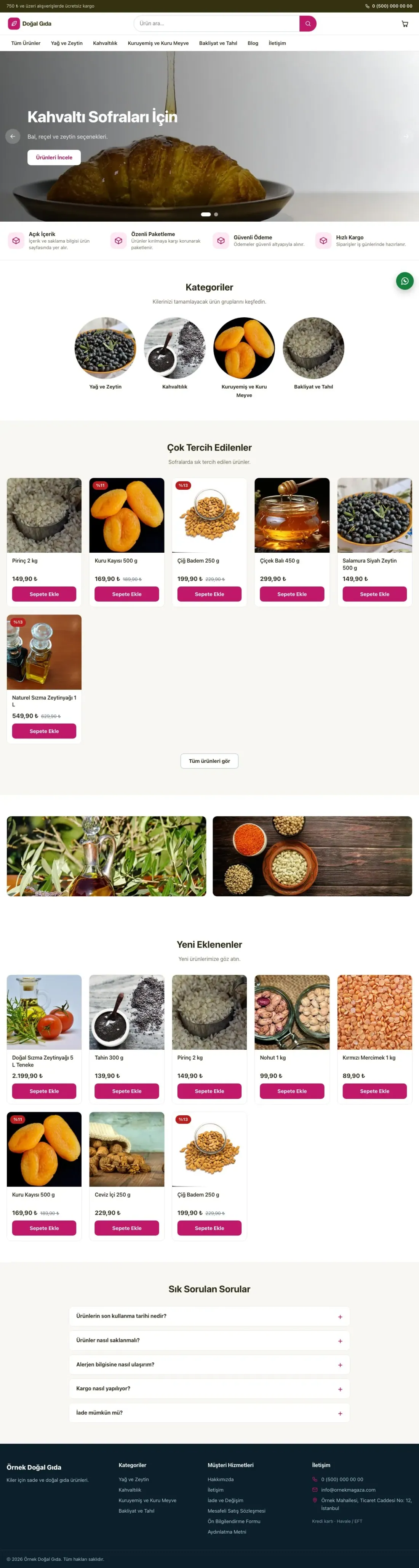Vitrin Zeytin Pembe – Gıda ve Organik E-ticaret Sitesi ana sayfa görünümü