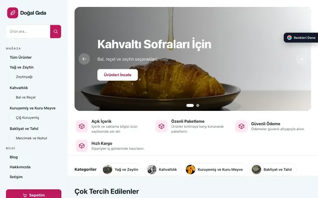 Gıda ve Organik için Yan Menü Mavi Pembe – Gıda ve Organik E-ticaret Sitesi ana sayfa görünümü