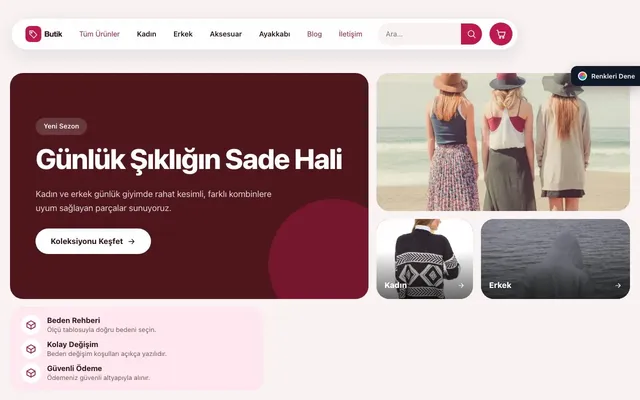 Giyim ve Butik için Bento Bordo Pembe – Giyim ve Butik E-ticaret Sitesi ana sayfa görünümü