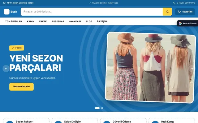 Giyim ve Butik için Kampanya Lacivert Mavi – Giyim ve Butik E-ticaret Sitesi ana sayfa görünümü