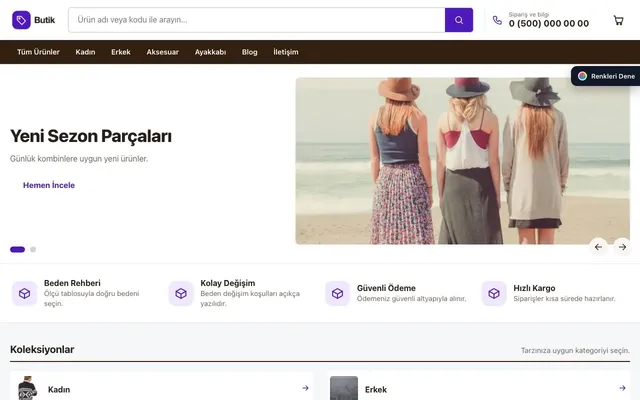 Giyim ve Butik için Liste Kahve Mor – Giyim ve Butik E-ticaret Sitesi ana sayfa görünümü