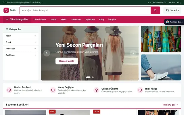 Giyim ve Butik için Pazar Yeri Yeşil Pembe – Giyim ve Butik E-ticaret Sitesi ana sayfa görünümü