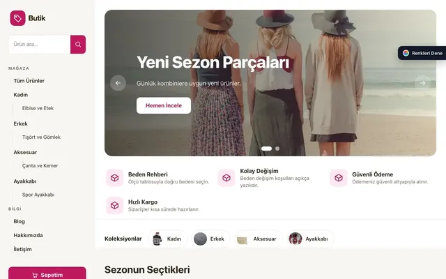 Giyim ve Butik için Yan Menü Kahve Pembe – Giyim ve Butik E-ticaret Sitesi ana sayfa görünümü