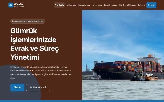 Blok Kahve Mavi – Gümrük Müşavirliği Web Sitesi ana sayfa görünümü