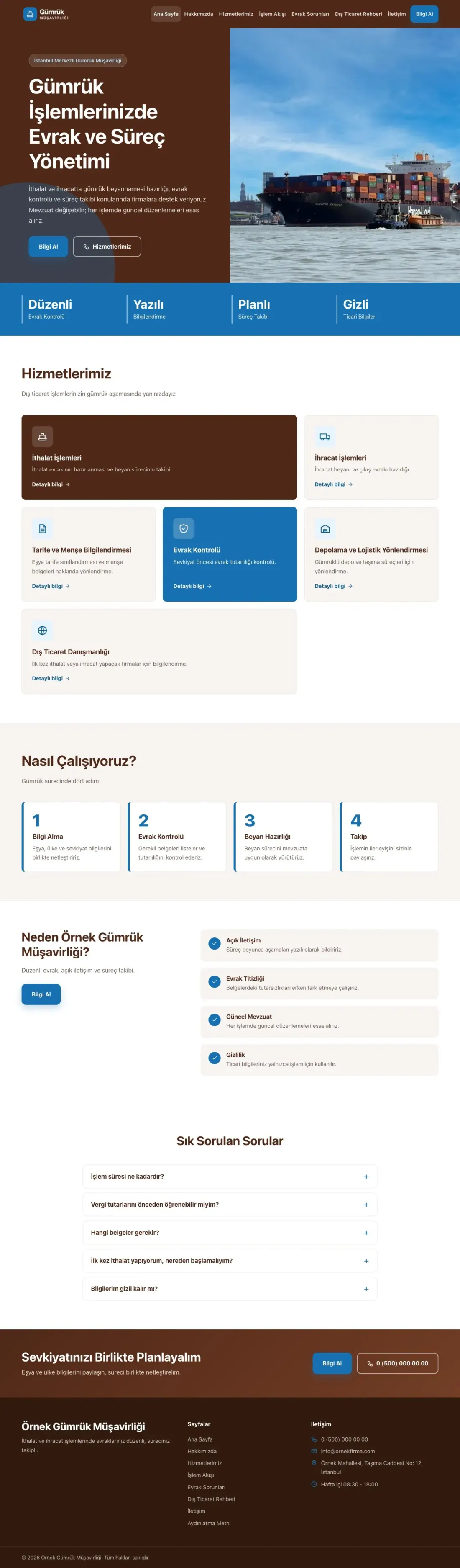 Blok Kahve Mavi – Gümrük Müşavirliği Web Sitesi ana sayfa görünümü