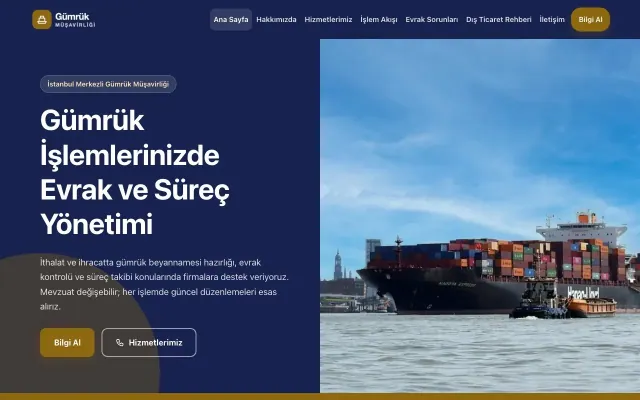 Blok Lacivert Amber – Gümrük Müşavirliği Web Sitesi ana sayfa görünümü