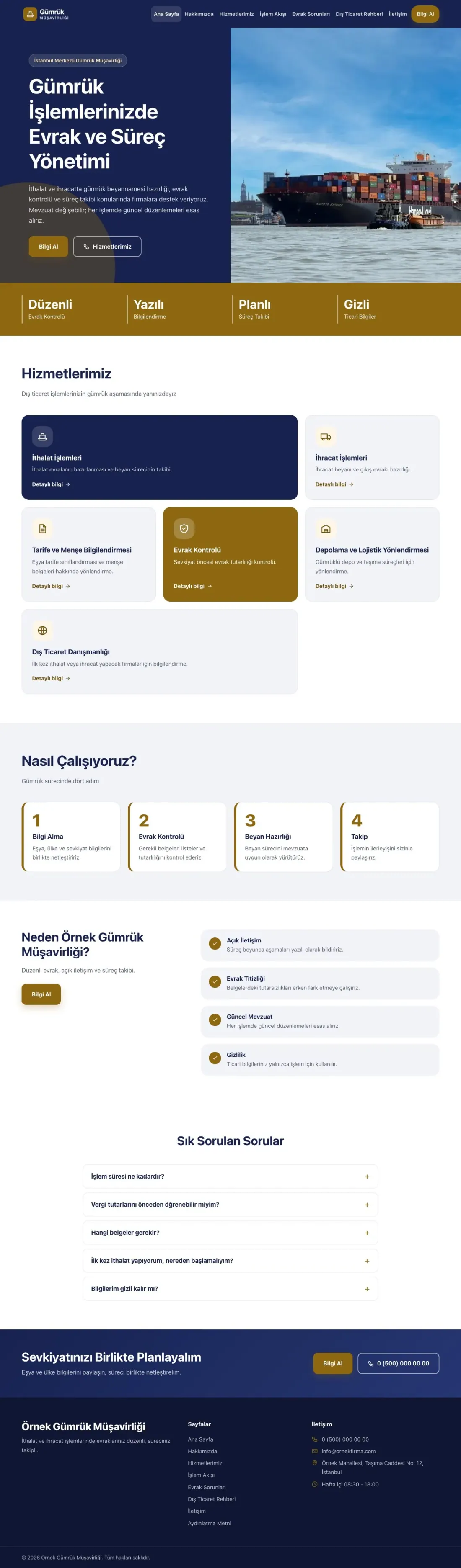 Blok Lacivert Amber – Gümrük Müşavirliği Web Sitesi ana sayfa görünümü