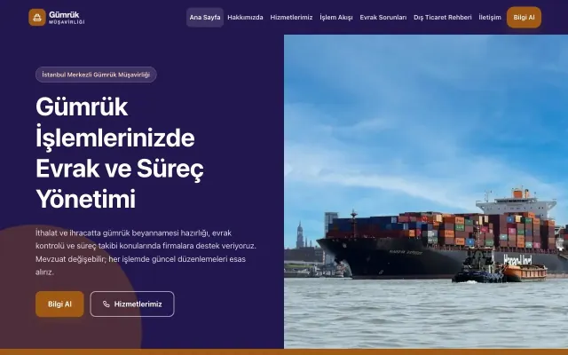 Blok Lacivert Turuncu – Gümrük Müşavirliği Web Sitesi ana sayfa görünümü
