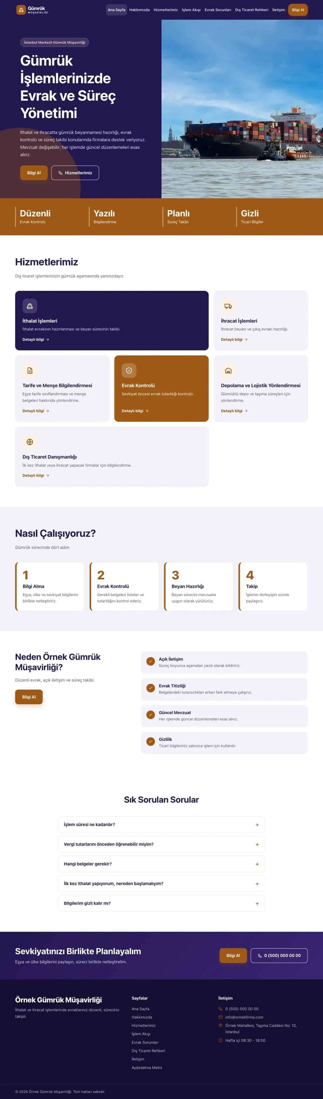 Blok Lacivert Turuncu – Gümrük Müşavirliği Web Sitesi ana sayfa görünümü