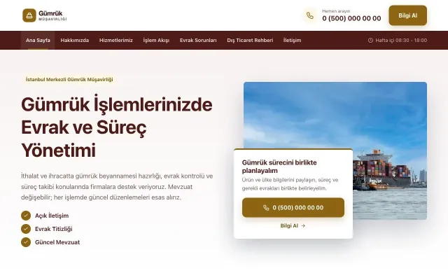 Bölünmüş Bordo Amber – Gümrük Müşavirliği Web Sitesi ana sayfa görünümü