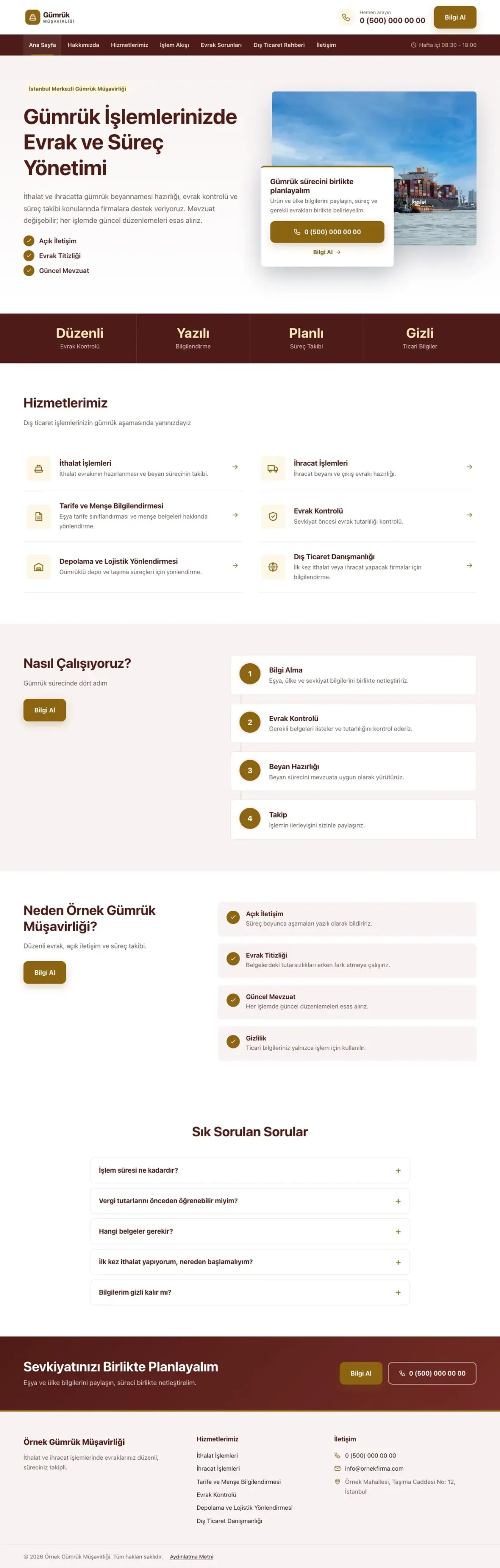 Bölünmüş Bordo Amber – Gümrük Müşavirliği Web Sitesi ana sayfa görünümü
