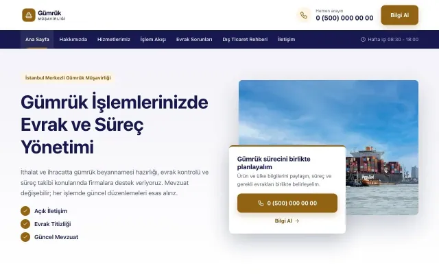 Bölünmüş Lacivert Turuncu – Gümrük Müşavirliği Web Sitesi ana sayfa görünümü