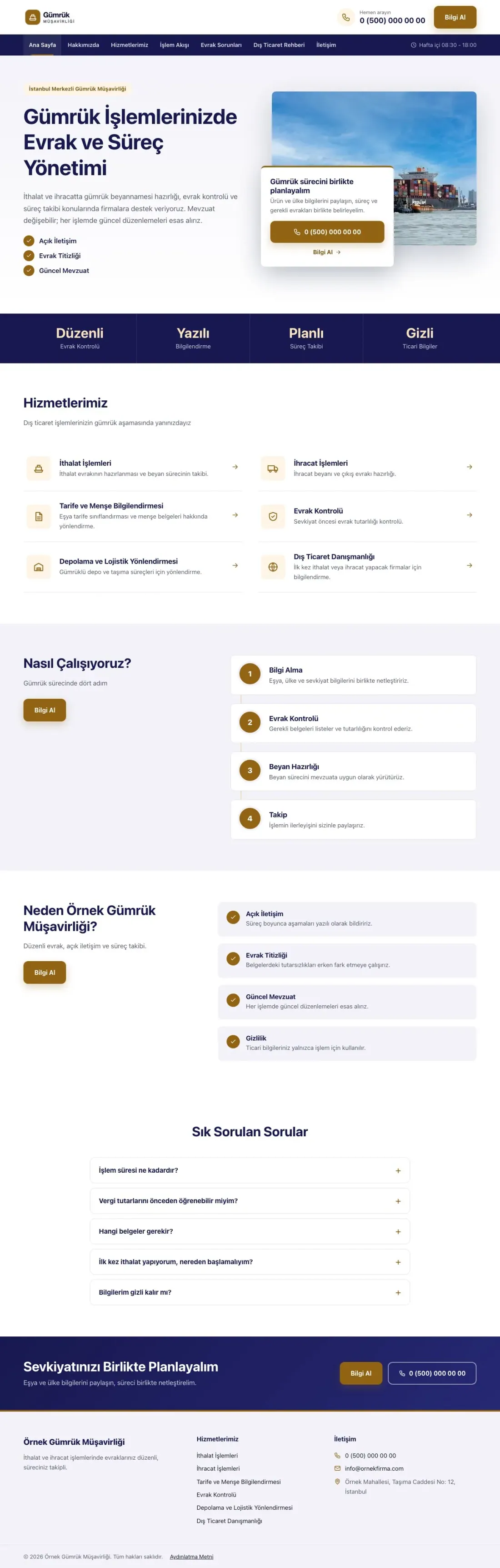 Bölünmüş Lacivert Turuncu – Gümrük Müşavirliği Web Sitesi ana sayfa görünümü