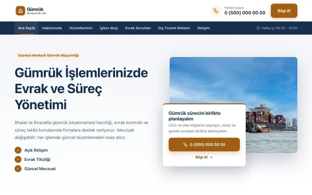 Bölünmüş Mavi Turuncu – Gümrük Müşavirliği Web Sitesi ana sayfa görünümü