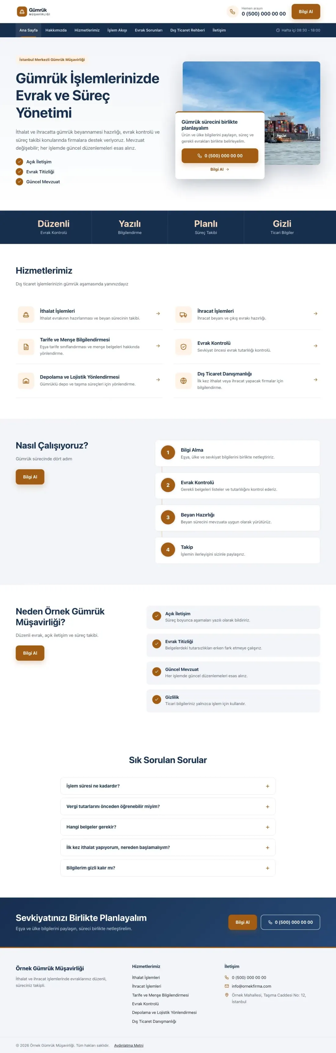 Bölünmüş Mavi Turuncu – Gümrük Müşavirliği Web Sitesi ana sayfa görünümü