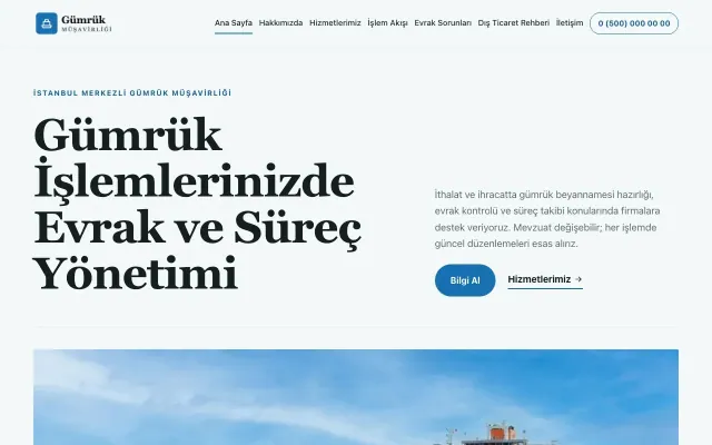 Editoryal Petrol Mavi – Gümrük Müşavirliği Web Sitesi ana sayfa görünümü