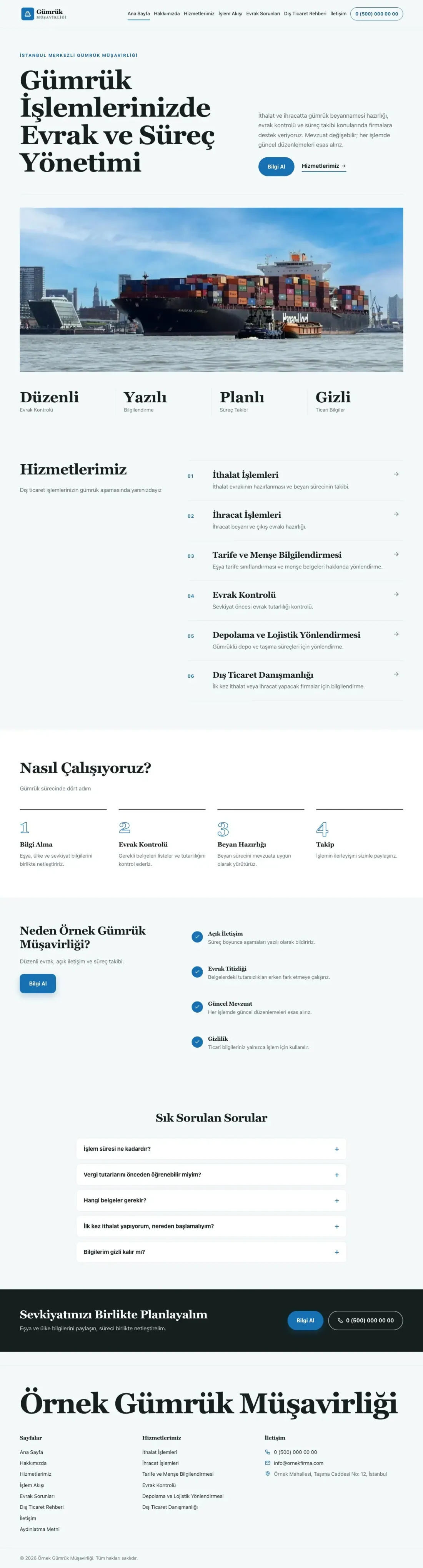 Editoryal Petrol Mavi – Gümrük Müşavirliği Web Sitesi ana sayfa görünümü