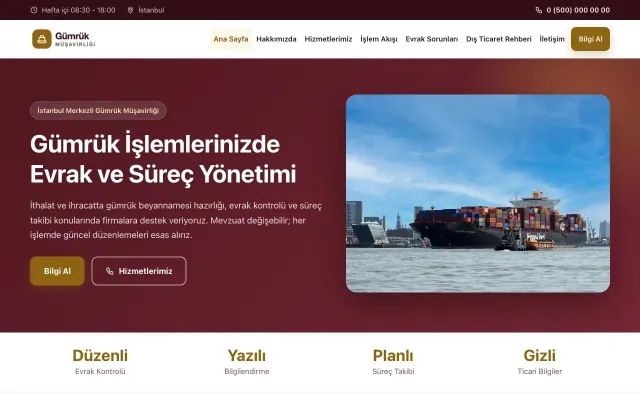 Klasik Bordo Amber – Gümrük Müşavirliği Web Sitesi ana sayfa görünümü