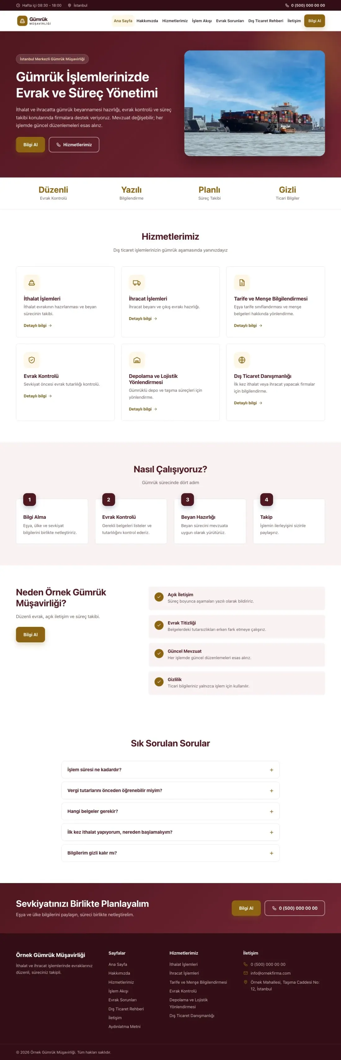 Klasik Bordo Amber – Gümrük Müşavirliği Web Sitesi ana sayfa görünümü