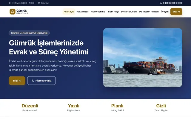 Klasik Lacivert Amber – Gümrük Müşavirliği Web Sitesi ana sayfa görünümü