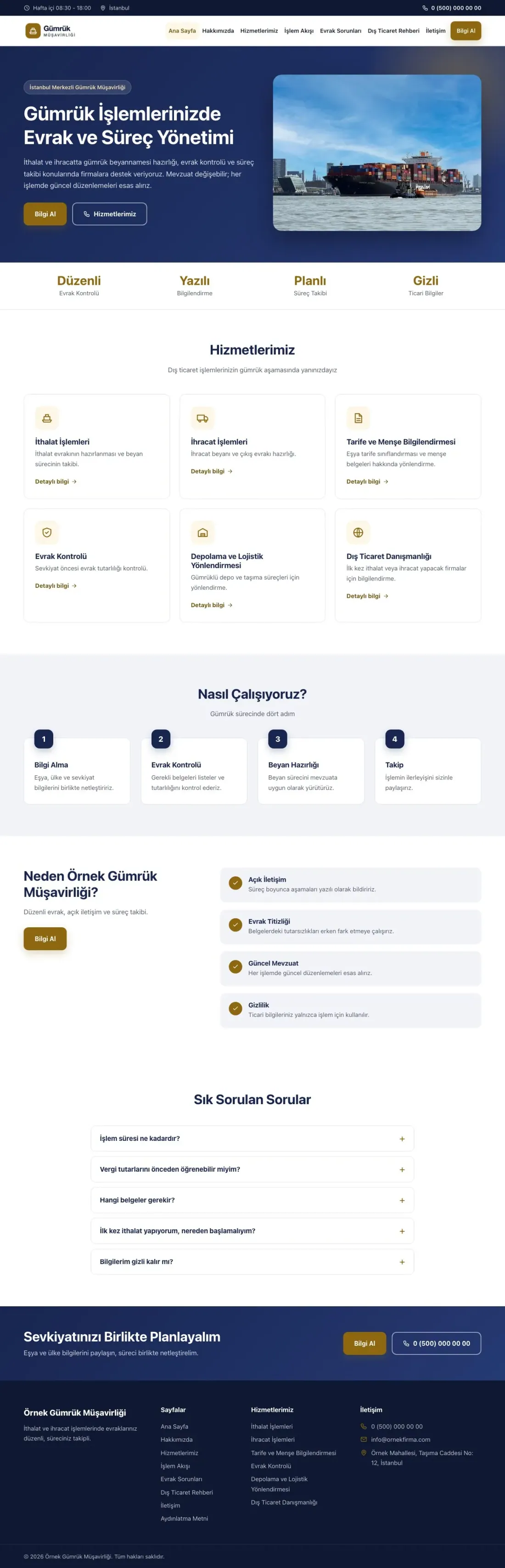 Klasik Lacivert Amber – Gümrük Müşavirliği Web Sitesi ana sayfa görünümü