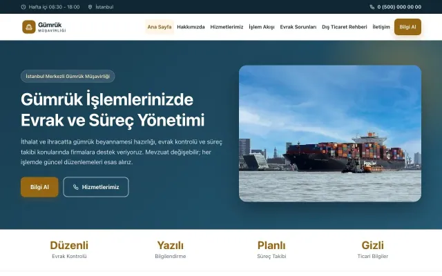 Klasik Mavi Turuncu – Gümrük Müşavirliği Web Sitesi ana sayfa görünümü