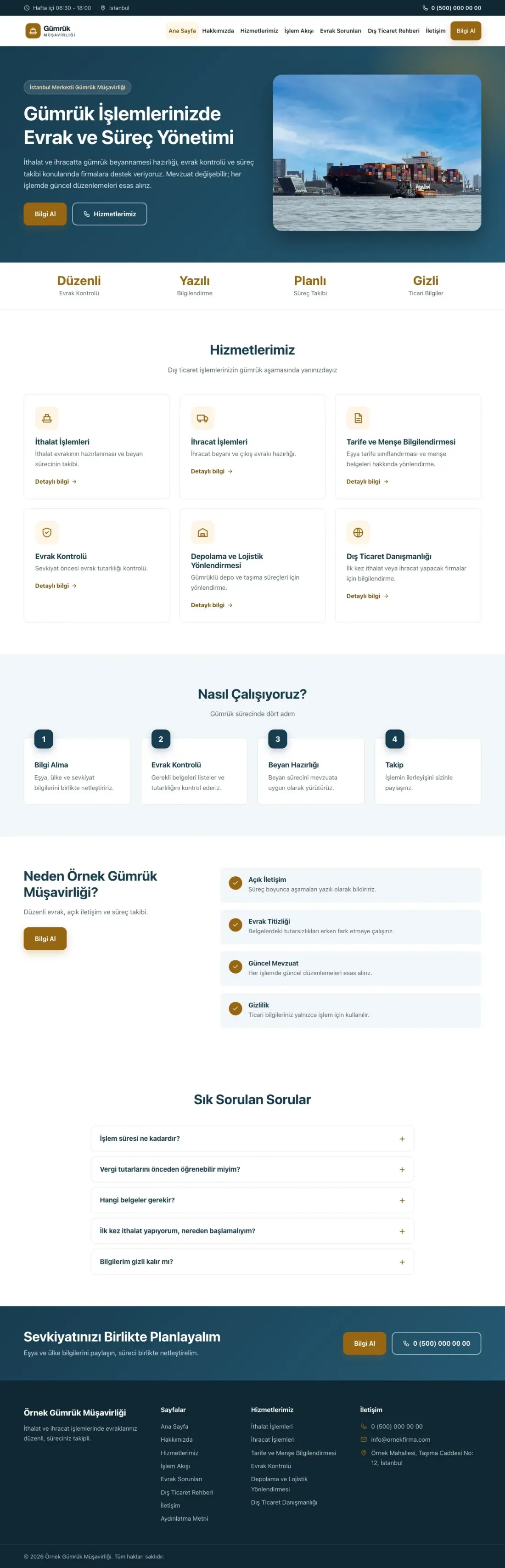Klasik Mavi Turuncu – Gümrük Müşavirliği Web Sitesi ana sayfa görünümü