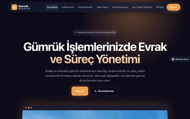 Gümrük Müşavirliği için Koyu Modern Lacivert Turuncu – Gümrük Müşavirliği Web Sitesi ana sayfa görünümü