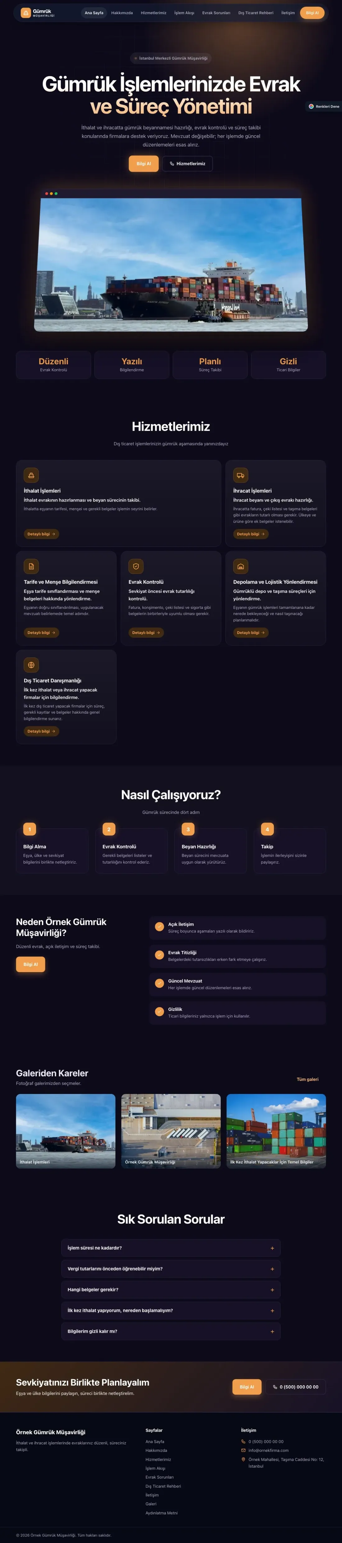 Gümrük Müşavirliği için Koyu Modern Lacivert Turuncu – Gümrük Müşavirliği Web Sitesi ana sayfa görünümü