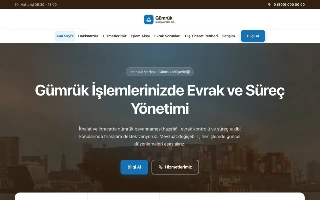 Merkez Kahve Mavi – Gümrük Müşavirliği Web Sitesi ana sayfa görünümü