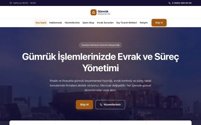 Merkez Lacivert Turuncu – Gümrük Müşavirliği Web Sitesi ana sayfa görünümü