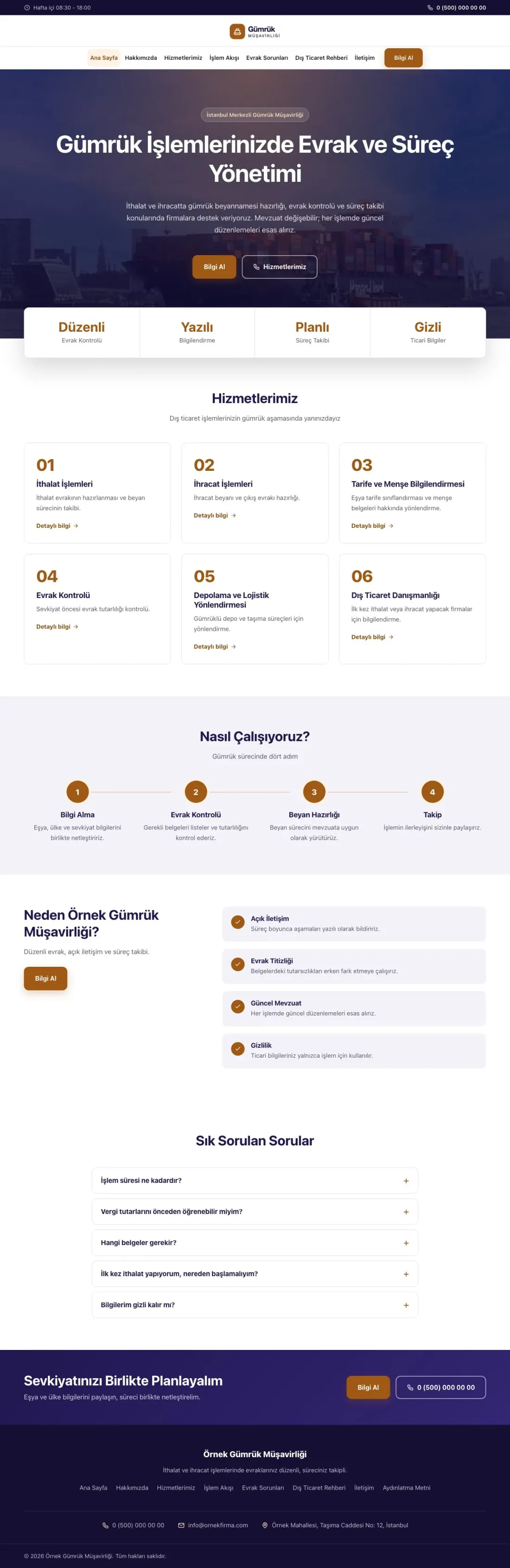 Merkez Lacivert Turuncu – Gümrük Müşavirliği Web Sitesi ana sayfa görünümü