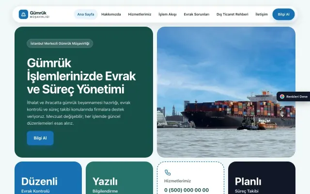 Gümrük Müşavirliği için Mozaik Petrol Mavi – Gümrük Müşavirliği Web Sitesi ana sayfa görünümü