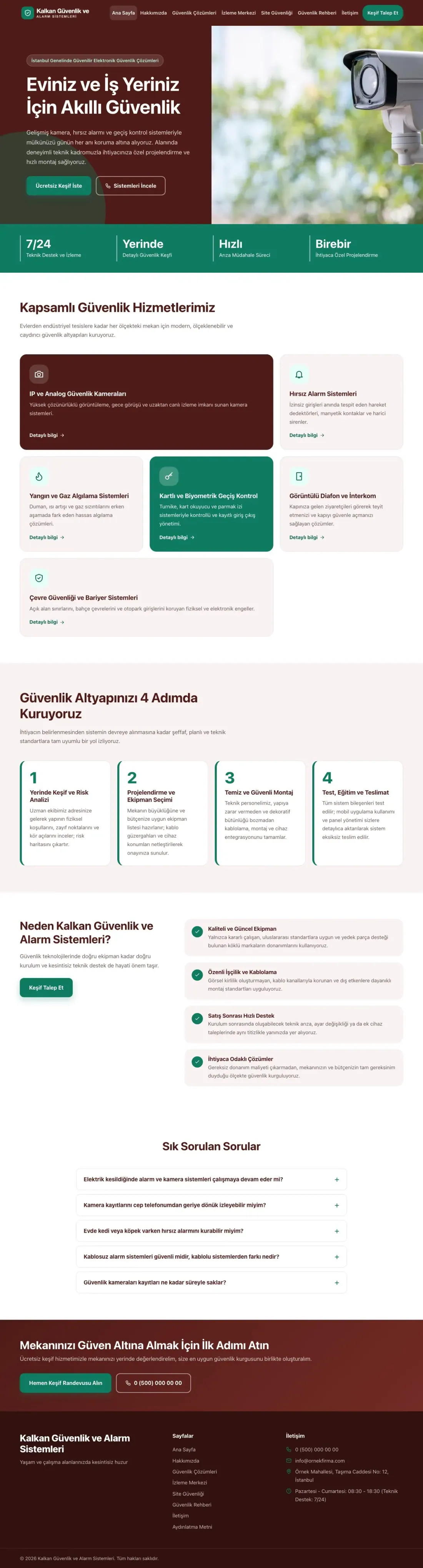 Blok Bordo Turkuaz – Güvenlik ve Alarm Web Sitesi ana sayfa görünümü