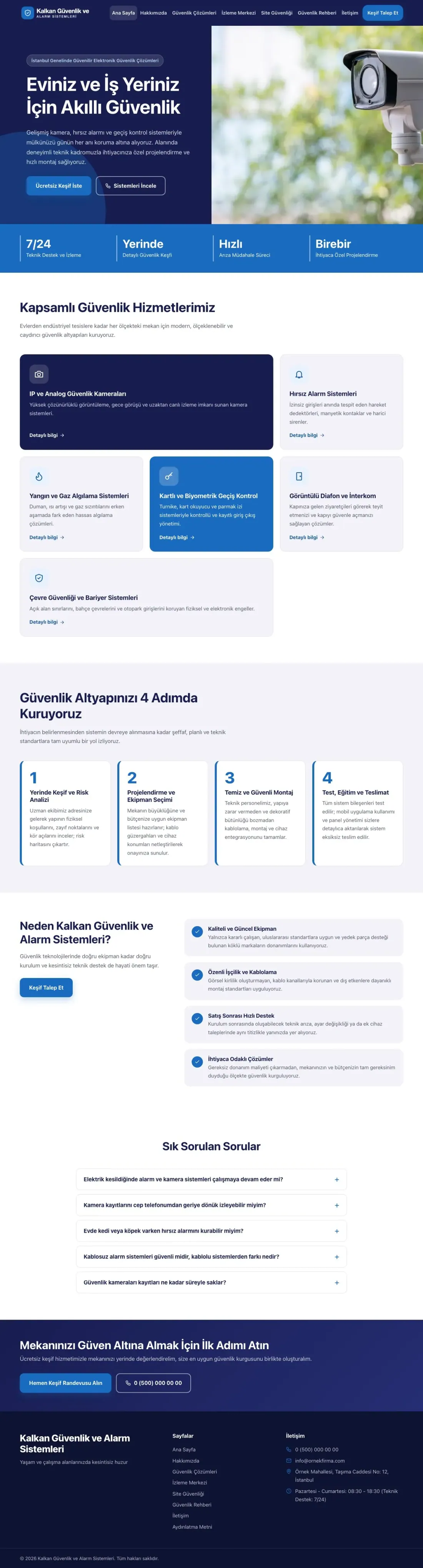 Blok Lacivert Mavi – Güvenlik ve Alarm Web Sitesi ana sayfa görünümü