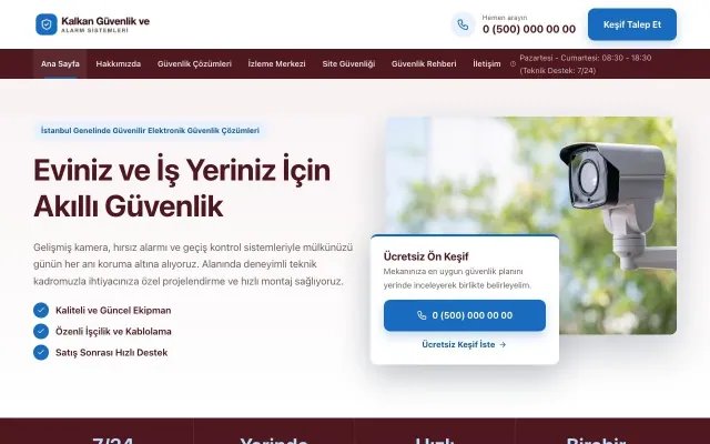 Bölünmüş Bordo Mavi – Güvenlik ve Alarm Web Sitesi ana sayfa görünümü