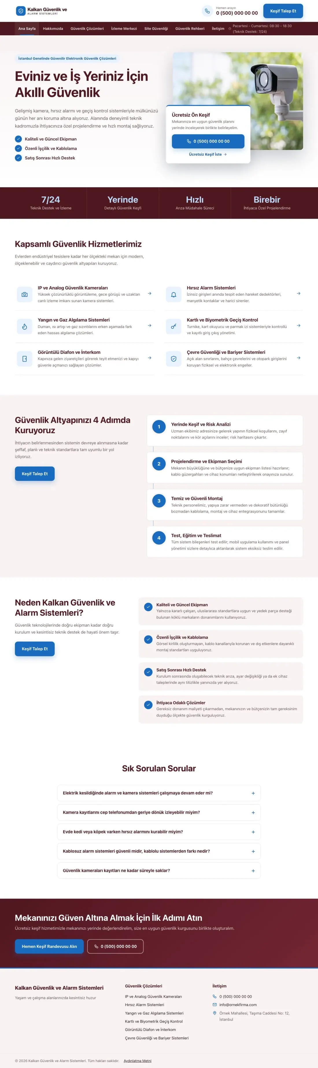 Bölünmüş Bordo Mavi – Güvenlik ve Alarm Web Sitesi ana sayfa görünümü