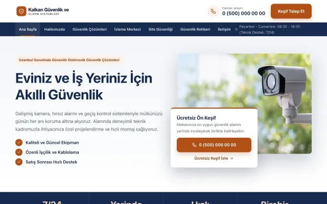 Bölünmüş Mavi Turuncu – Güvenlik ve Alarm Web Sitesi ana sayfa görünümü