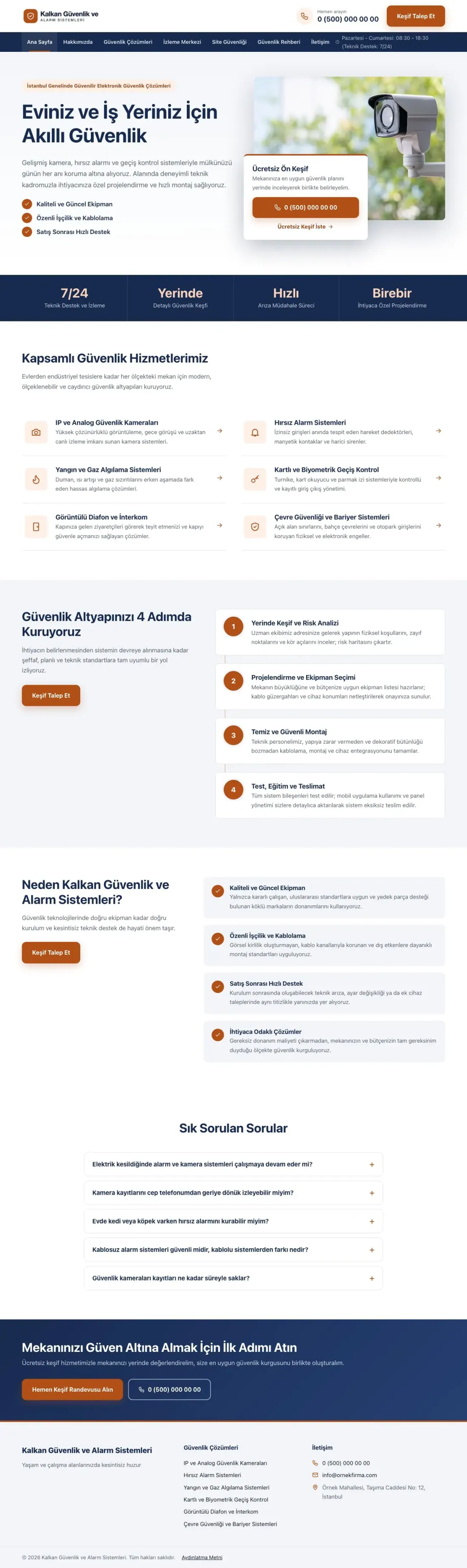 Bölünmüş Mavi Turuncu – Güvenlik ve Alarm Web Sitesi ana sayfa görünümü