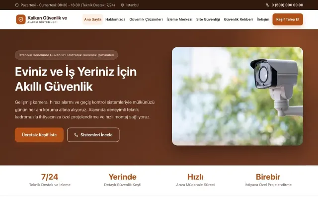Klasik Kahve Turuncu – Güvenlik ve Alarm Web Sitesi ana sayfa görünümü