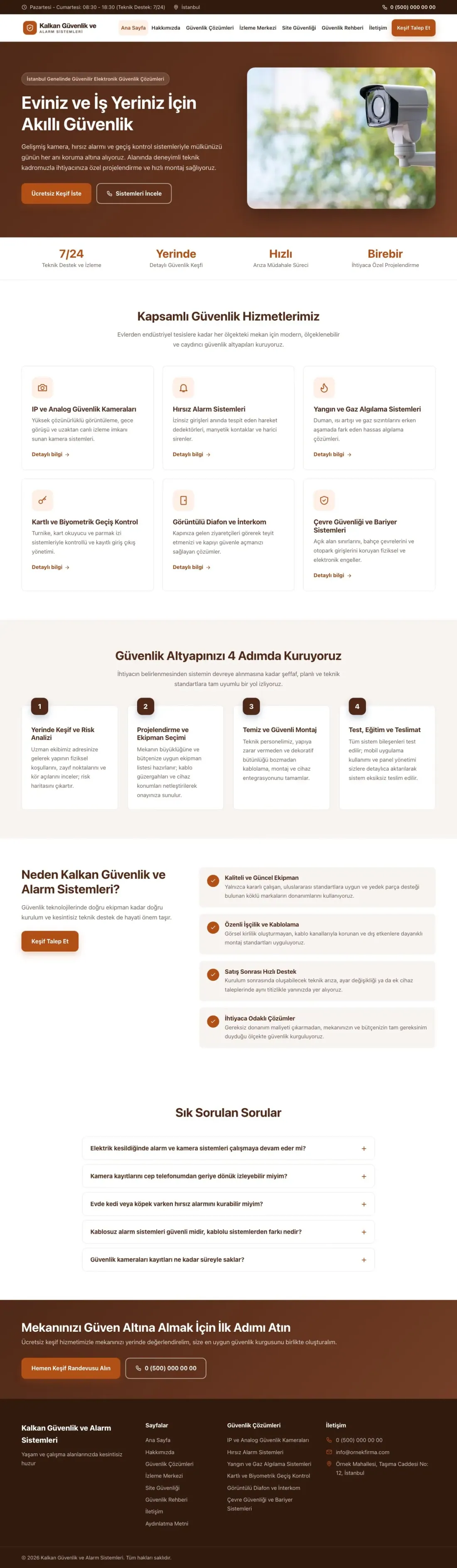 Klasik Kahve Turuncu – Güvenlik ve Alarm Web Sitesi ana sayfa görünümü