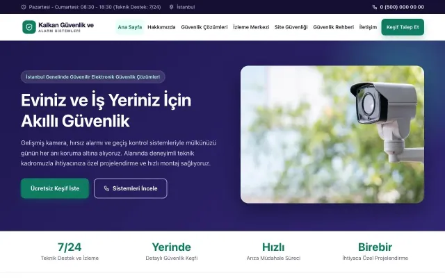 Klasik Lacivert Turkuaz – Güvenlik ve Alarm Web Sitesi ana sayfa görünümü
