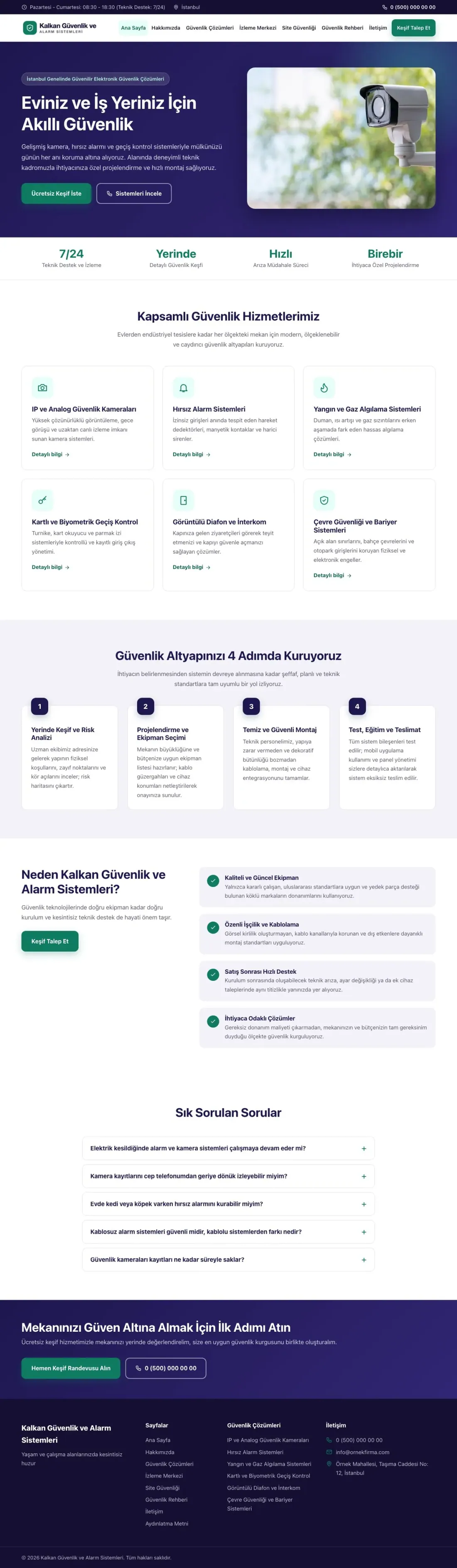 Klasik Lacivert Turkuaz – Güvenlik ve Alarm Web Sitesi ana sayfa görünümü