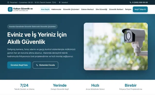 Klasik Mavi Turkuaz – Güvenlik ve Alarm Web Sitesi ana sayfa görünümü