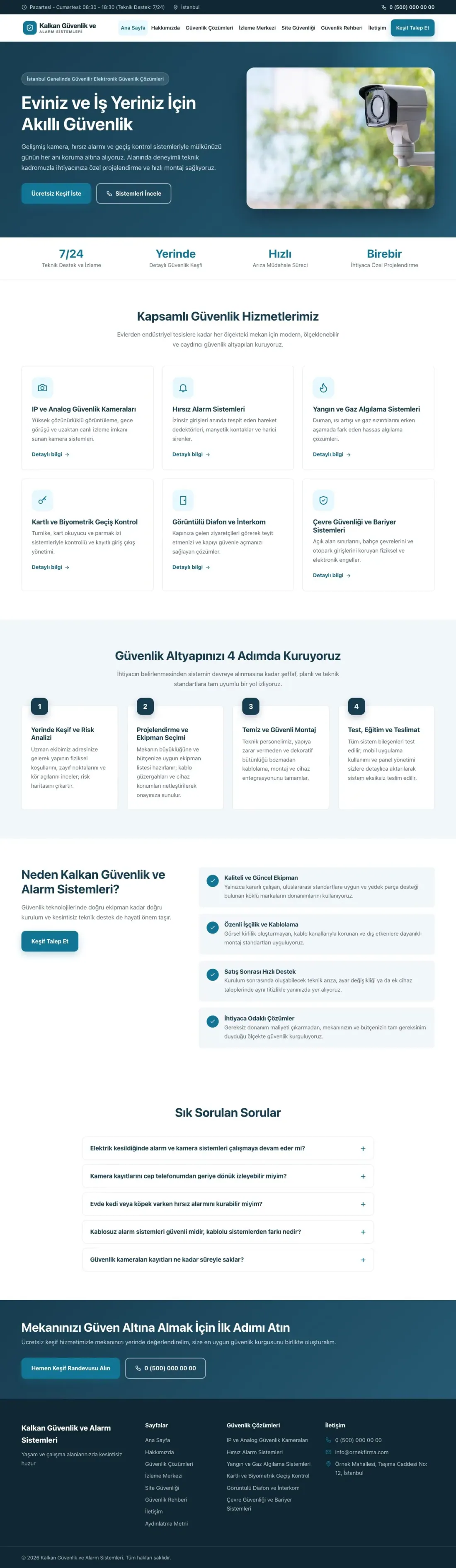Klasik Mavi Turkuaz – Güvenlik ve Alarm Web Sitesi ana sayfa görünümü