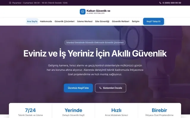 Merkez Mor Mavi – Güvenlik ve Alarm Web Sitesi ana sayfa görünümü