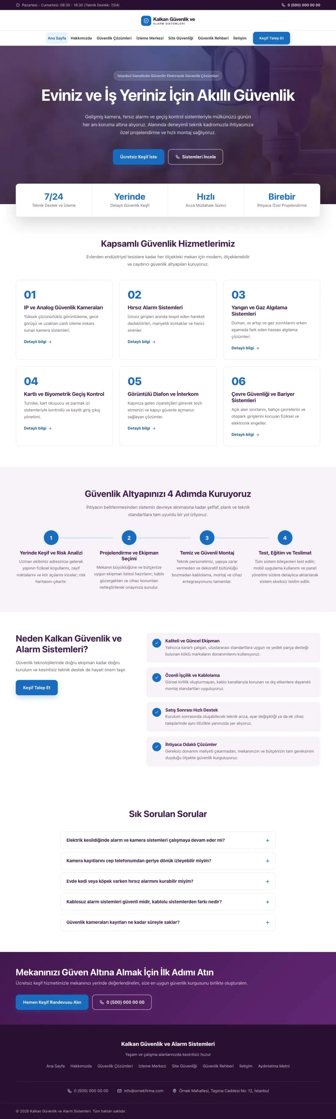 Merkez Mor Mavi – Güvenlik ve Alarm Web Sitesi ana sayfa görünümü